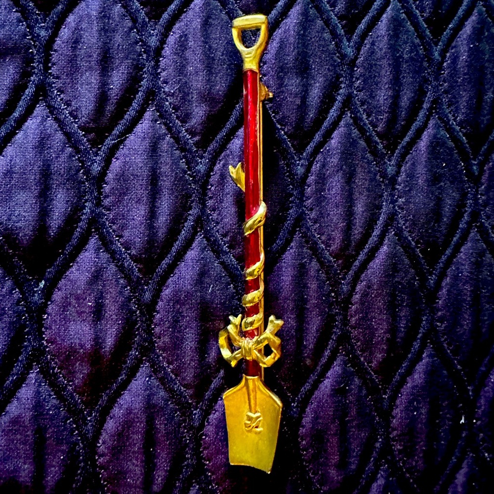 Vintage Karl Lagerfeld Red Enamel Gold Plated Shovel Pin Brooch, 1990s